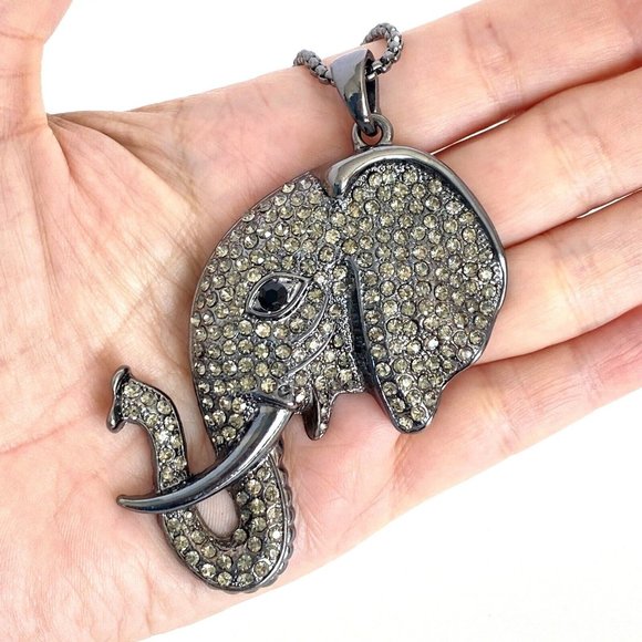Elephant Head Gray & Black Rhinestones 1 or 2 Strand Pendant Long Necklace 34" - Picture 2 of 6